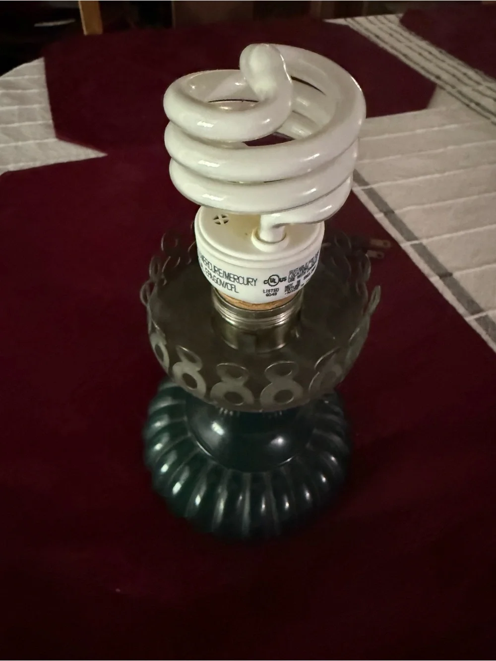 Vintage Green Glass Ribbed Hurricane Table Lamp Base needs lightbulb/shade  OSH